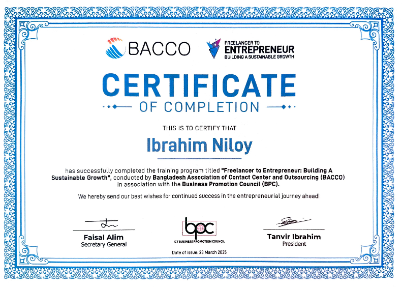 BACCO Certified Ibrahim Niloy is a Best Digital Marketer Expeet in Bangladesh