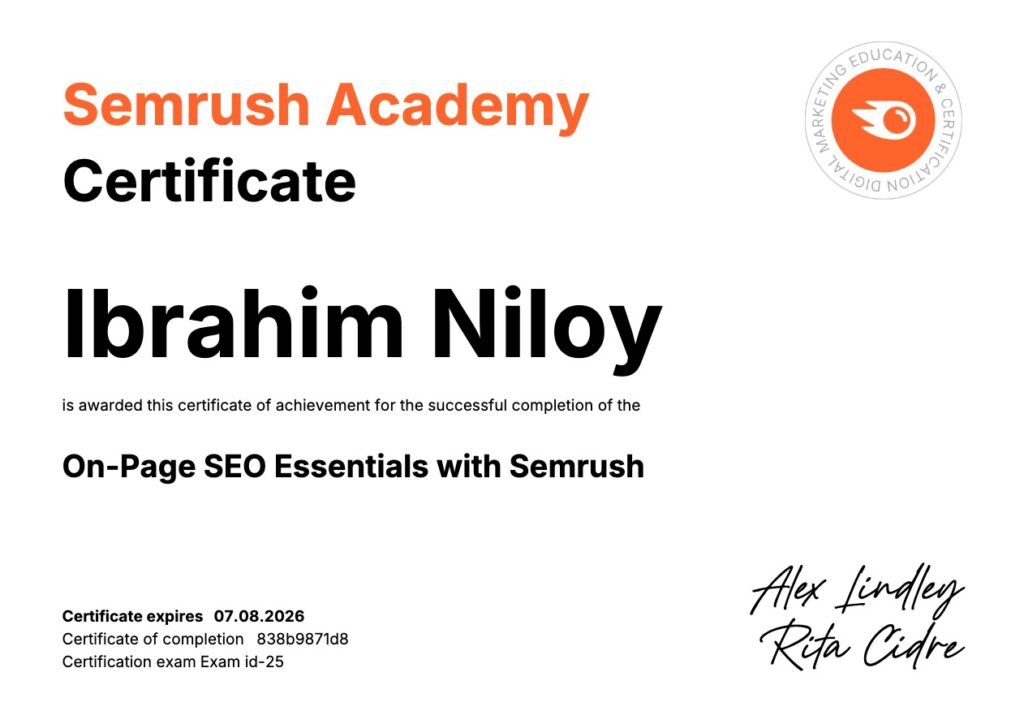 Ibrahim Niloy On Page SEO Specialist certified by Semrush Academy for completing On-Page SEO Essentials course.