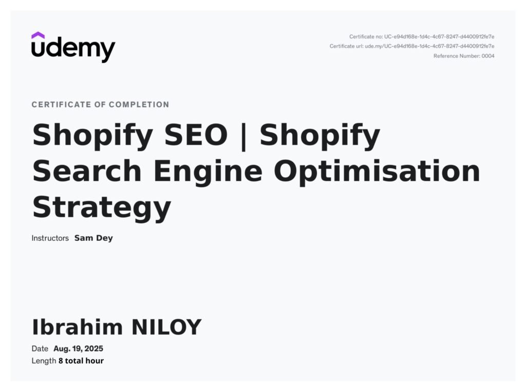 Best Shopify SEO expert Ibrahim Niloy Udemy certification in Shopify SEO and optimisation strategy ✅