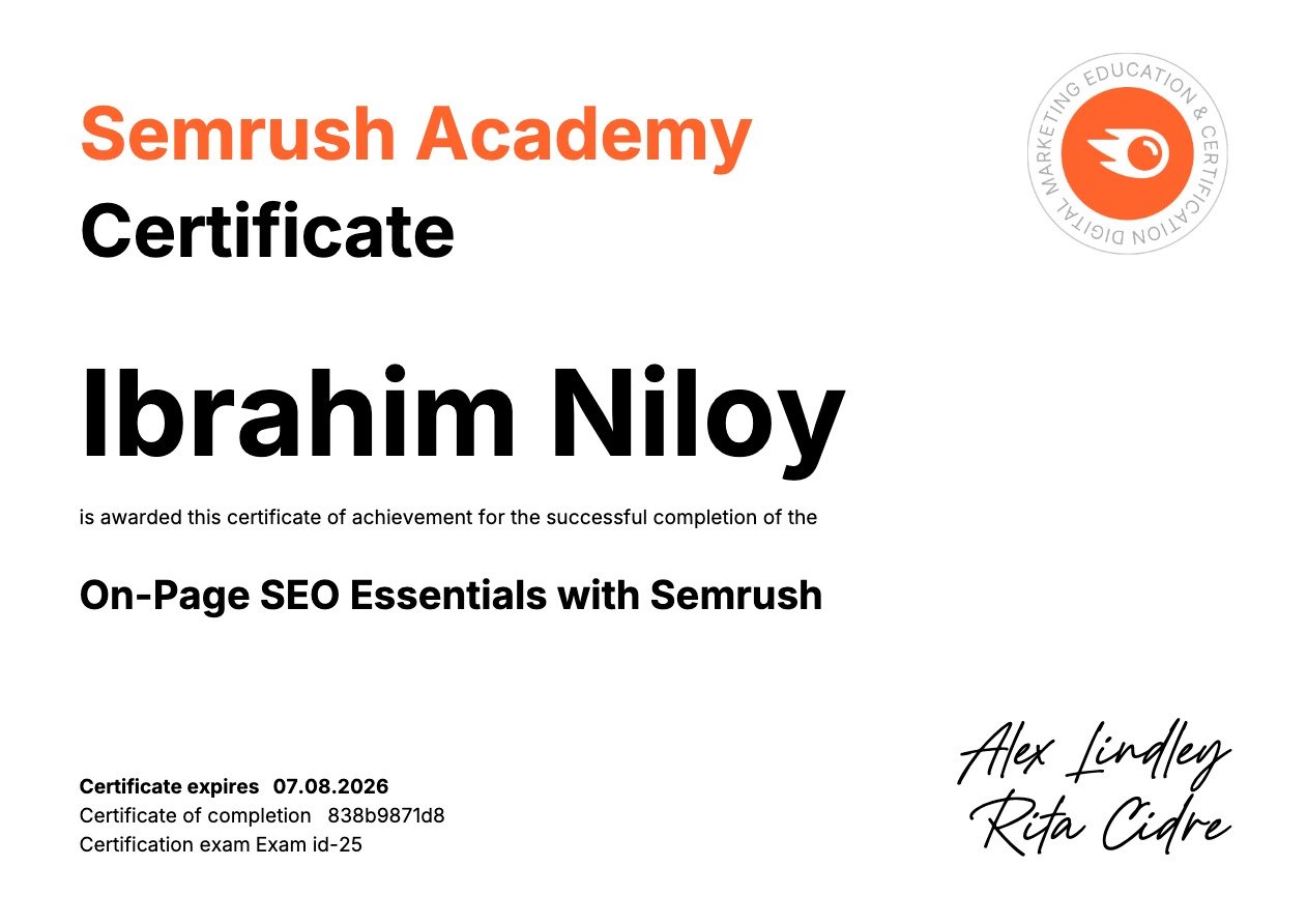 Semrush Academy certificate awarded to Ibrahim Niloy, On-Page SEO Specialist in Bangladesh, for completing On-Page SEO Essentials.