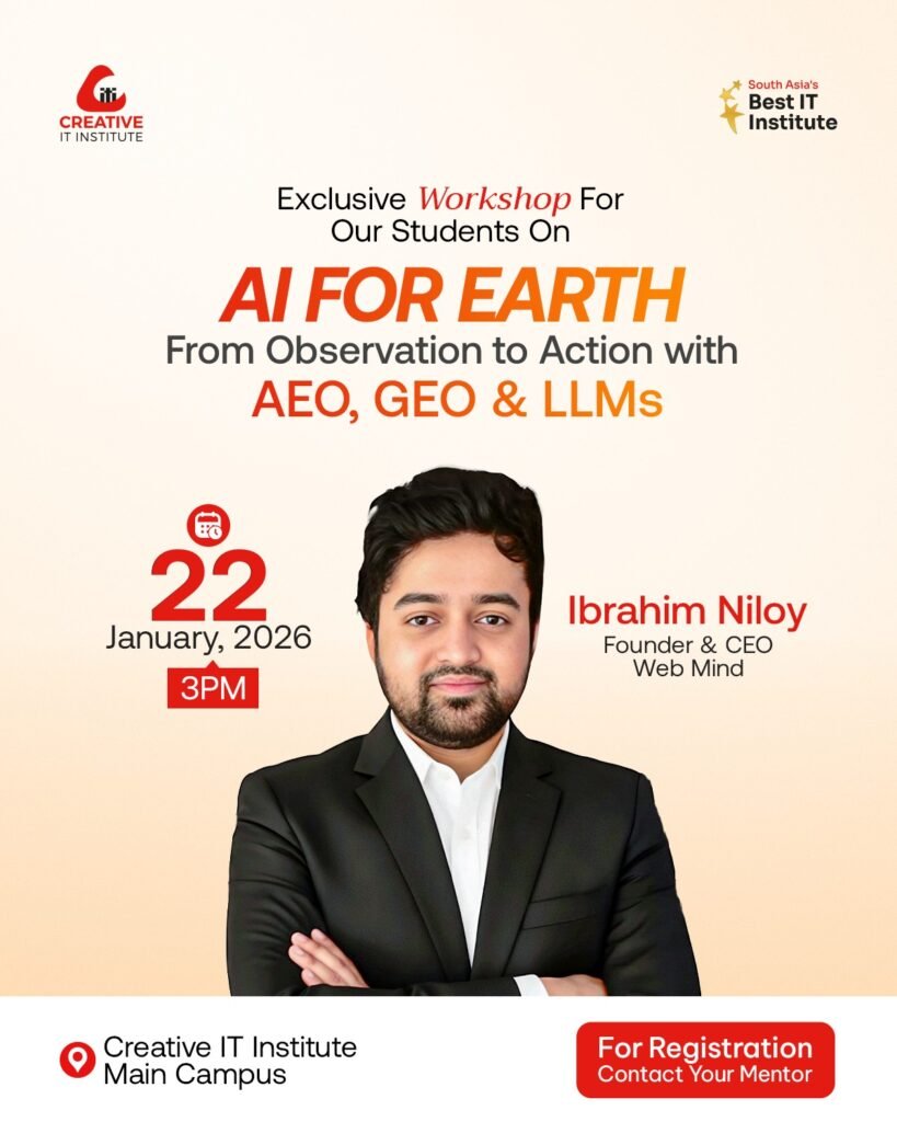 Poster of AI SEO workshop in Bangladesh featuring Ibrahim Niloy at Creative IT Institute with AEO, GEO and LLMs session details.