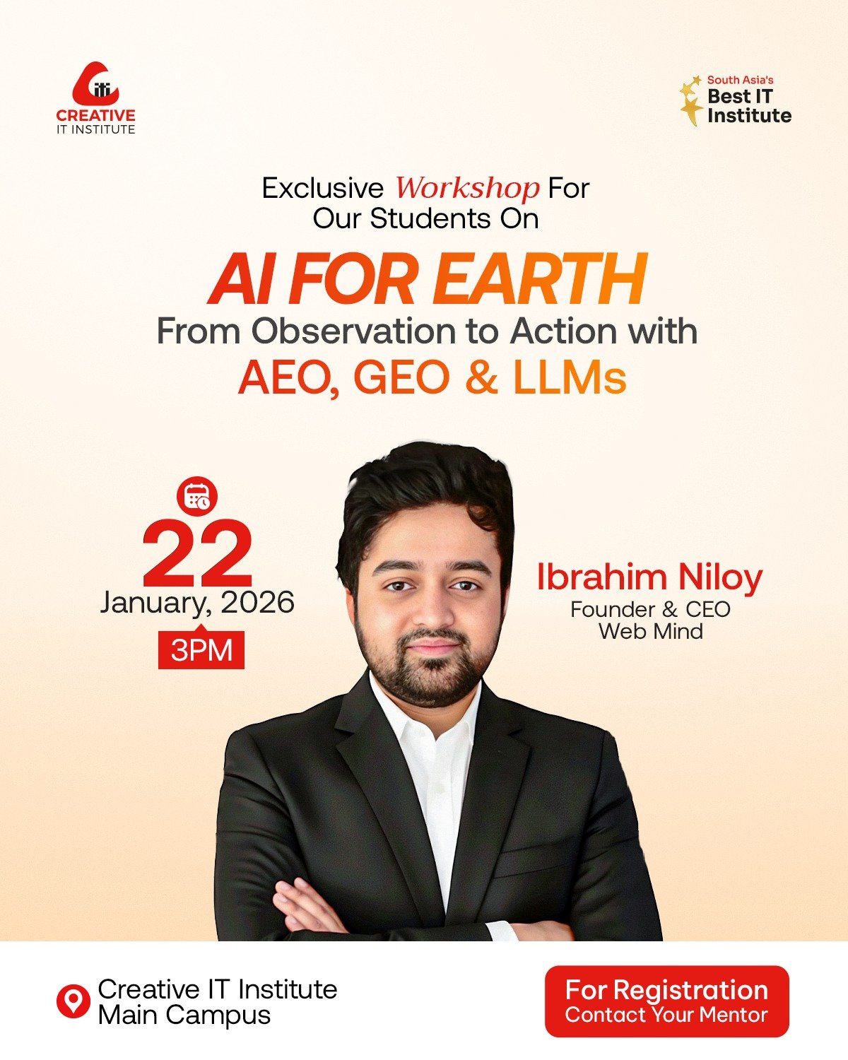 Poster of AI SEO workshop in Bangladesh featuring Ibrahim Niloy at Creative IT Institute with AEO, GEO and LLMs session details.