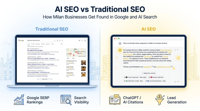 AI SEO Specialist Milan comparison showing Google SERP rankings versus ChatGPT citations for local business visibility.