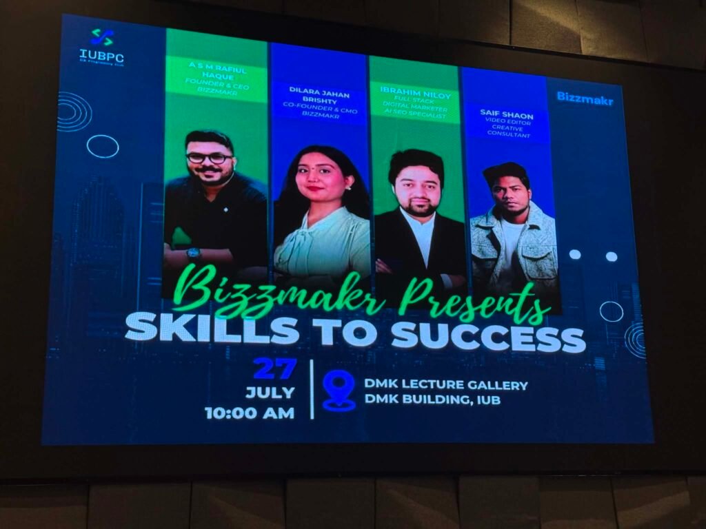 Best Digital Marketer Speaker in Bangladesh Ibrahim Niloy presenting skill assessment at Bizzmakr IUB event