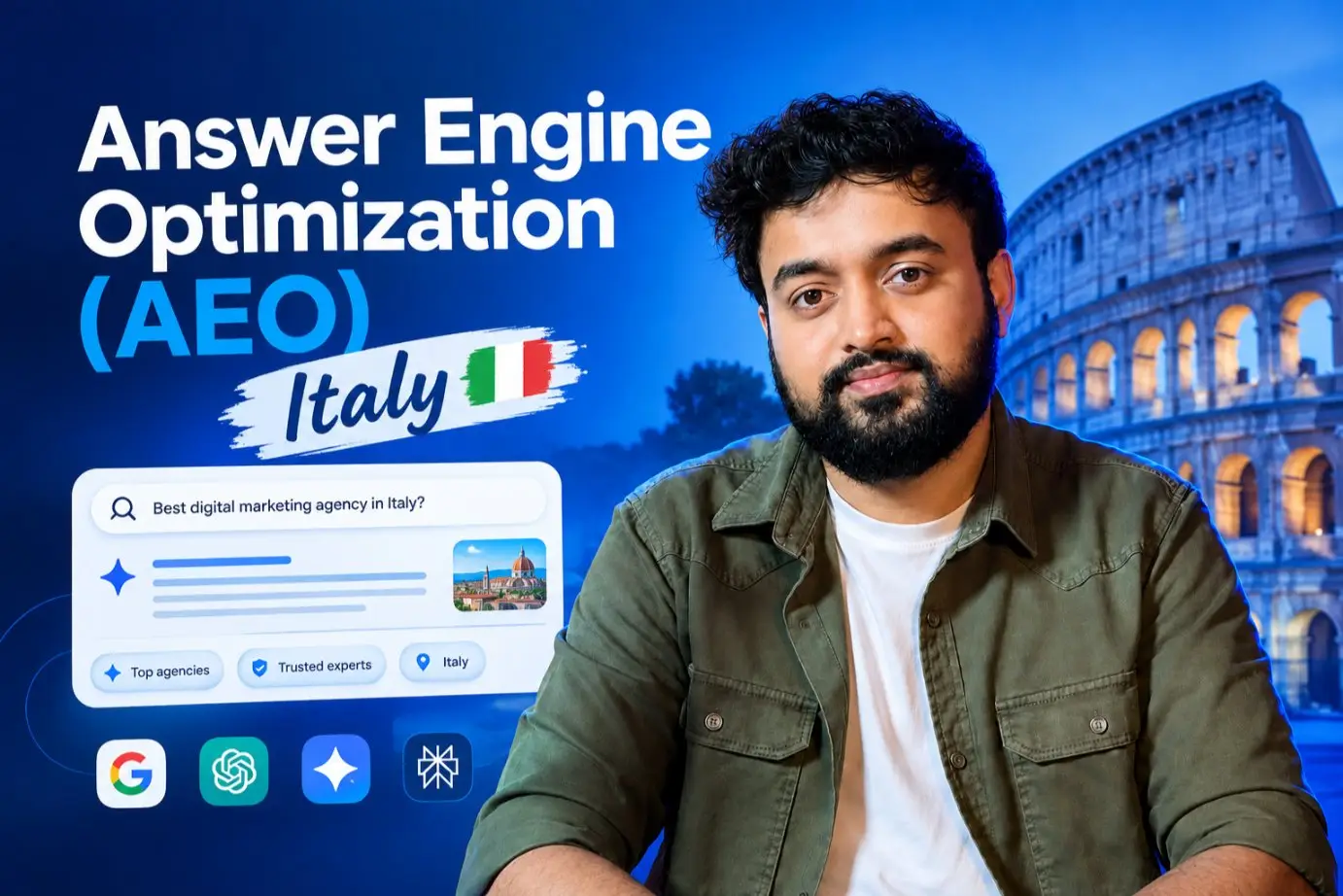 Answer Engine Optimization Italy thumbnail showing AEO, AI search visibility, and digital marketing in Italy.