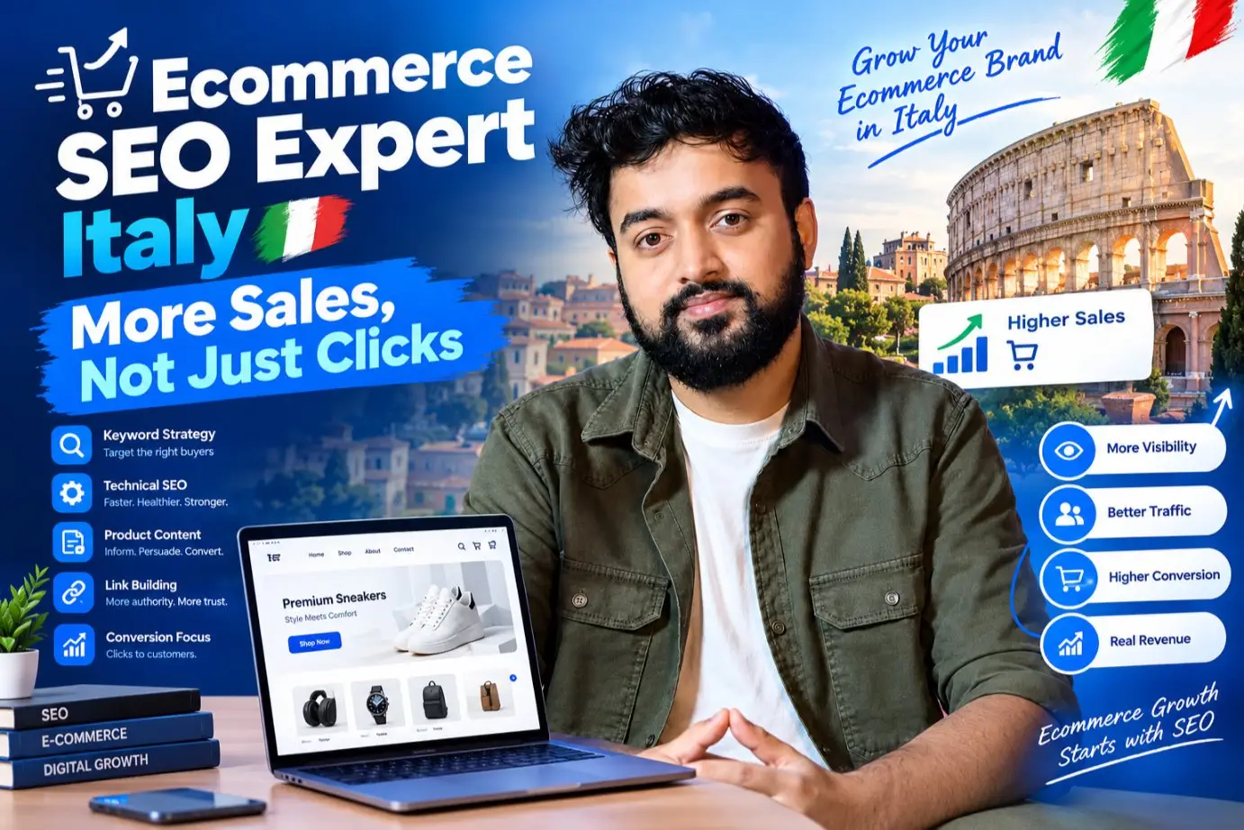 Ecommerce SEO Growth in Italy with strategies for higher visibility, better traffic, conversions, and sales.