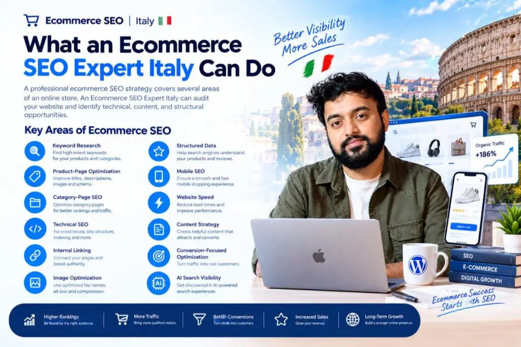 Ecommerce SEO Expert Italy with strategies for visibility, product optimization, AI search, conversions, and sales.