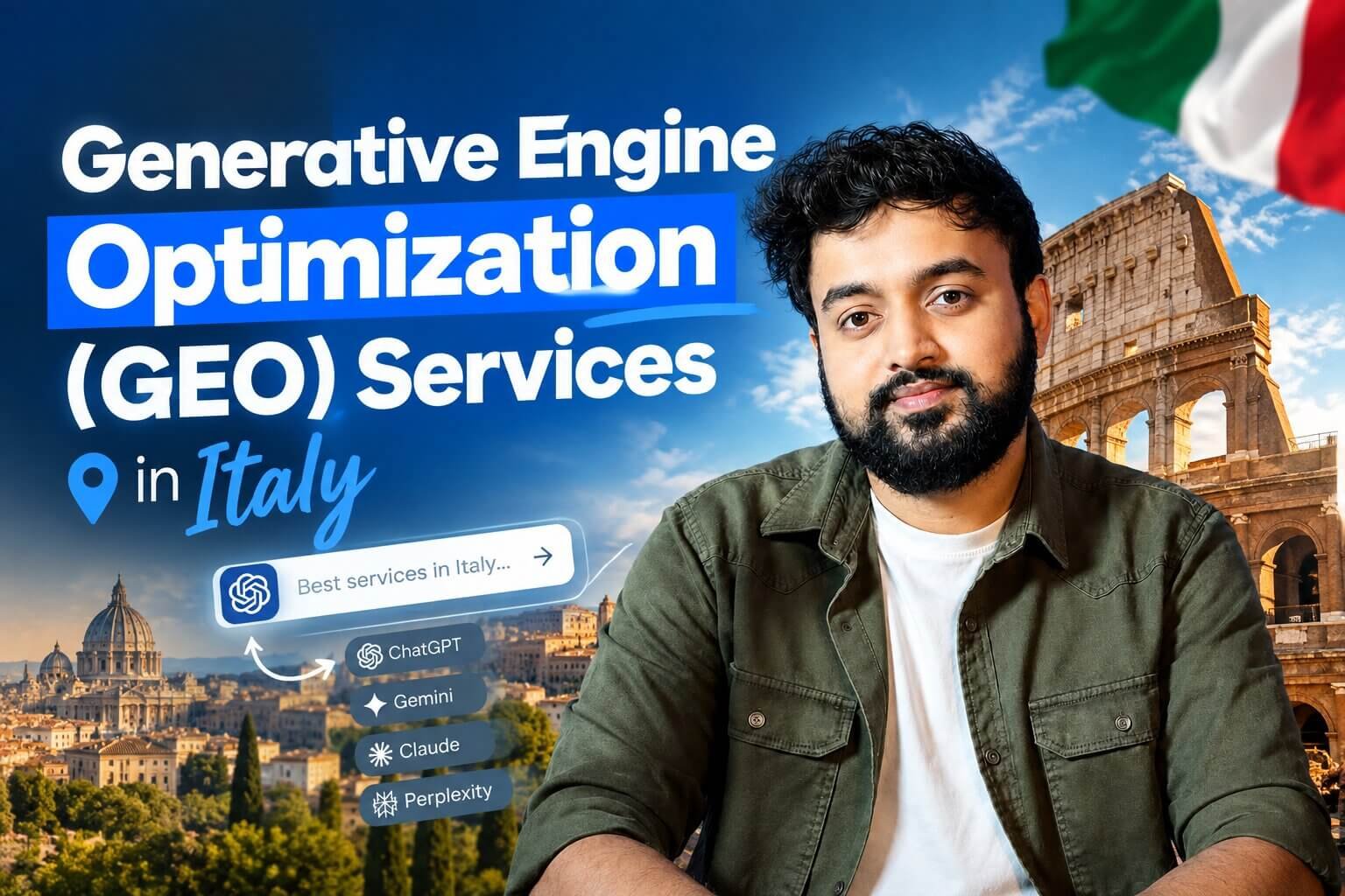 Generative Engine Optimization Italy infographic comparing SEO and GEO for AI search visibility.