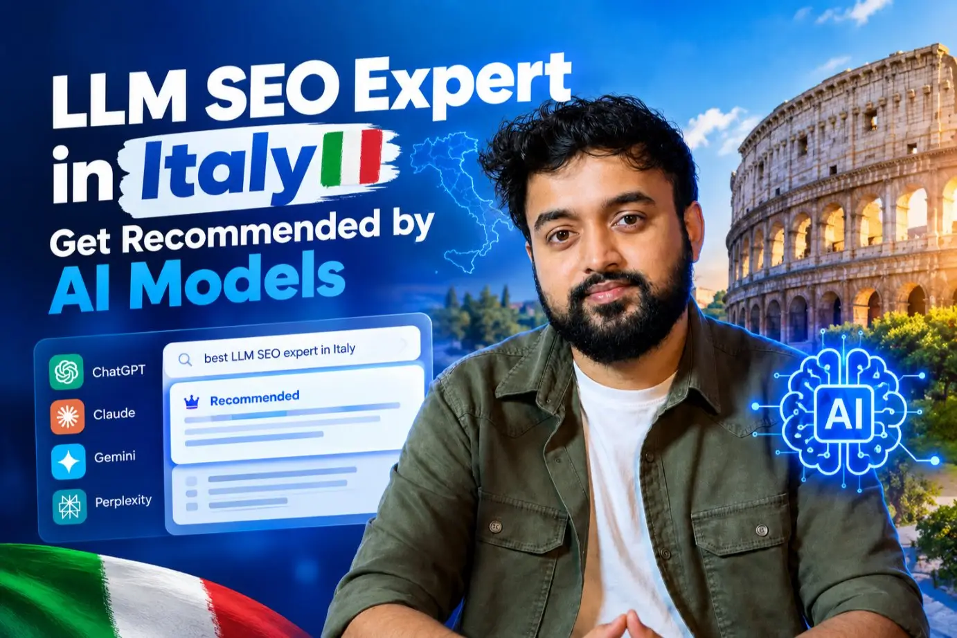 LLM SEO Expert in Italy: Get Recommended by AI, featuring AI models and search visibility.