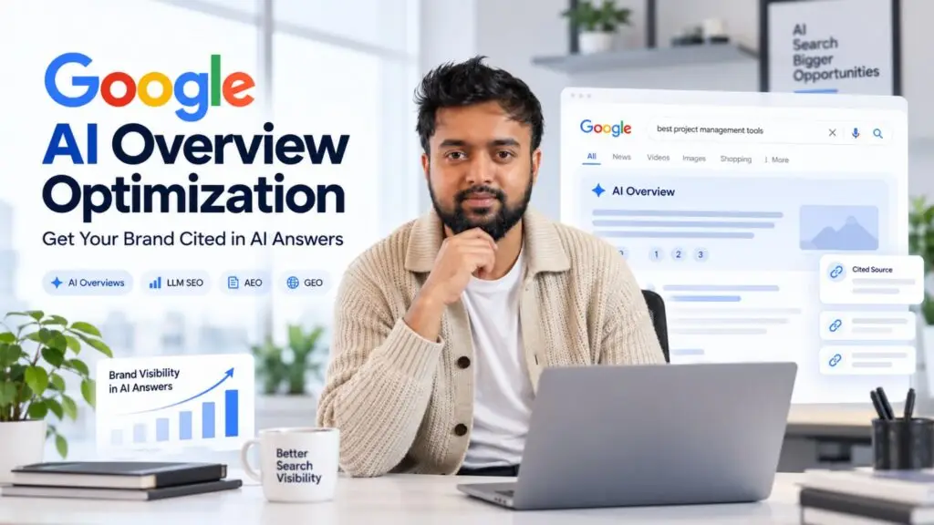 AI Overview optimization expert Ibrahim Niloy with Google AI Overview search interface and SEO visibility graphics.