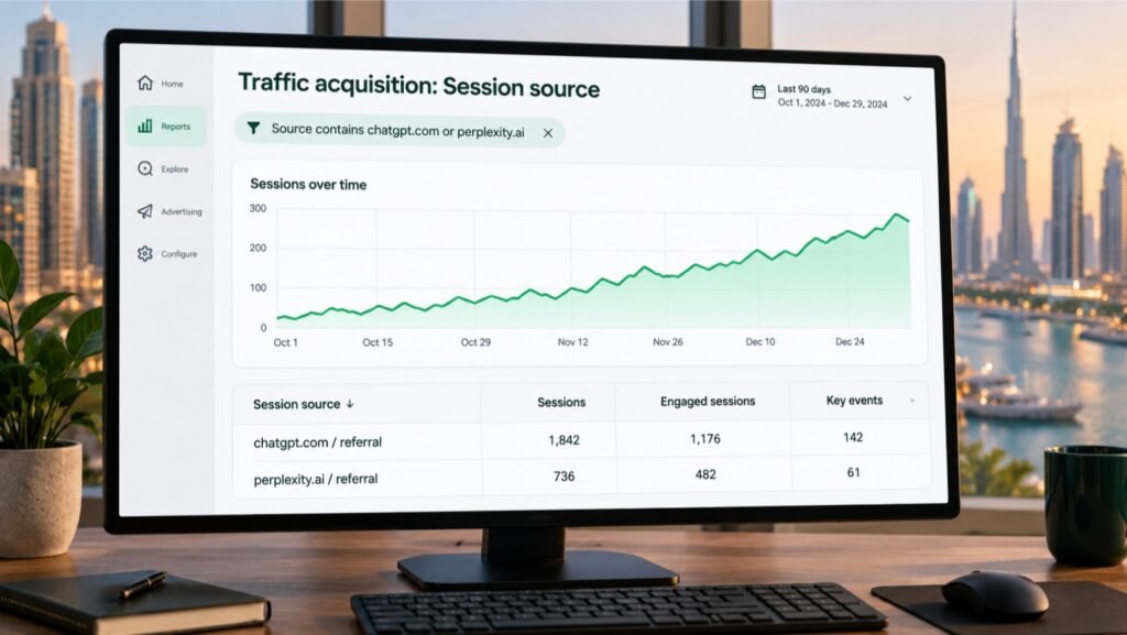 GA4 report showing ChatGPT and Perplexity referral traffic for AI search visibility in the UAE
