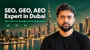 SEO, GEO, AEO Expert in Dubai featured image with Ibrahim Niloy against a blurred Dubai skyline at dusk.
